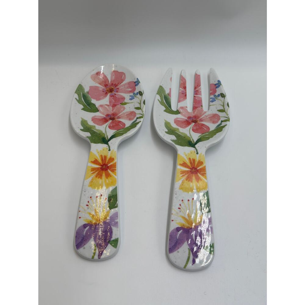 Floral Melamine Salad Server Set Spoon Fork Watercolor Wildflower Outdoor Dining